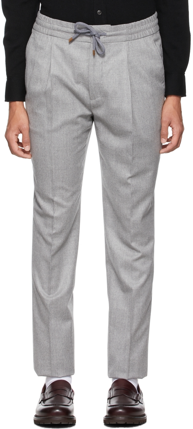 Grey Wool Pleated Drawstring Trousers 