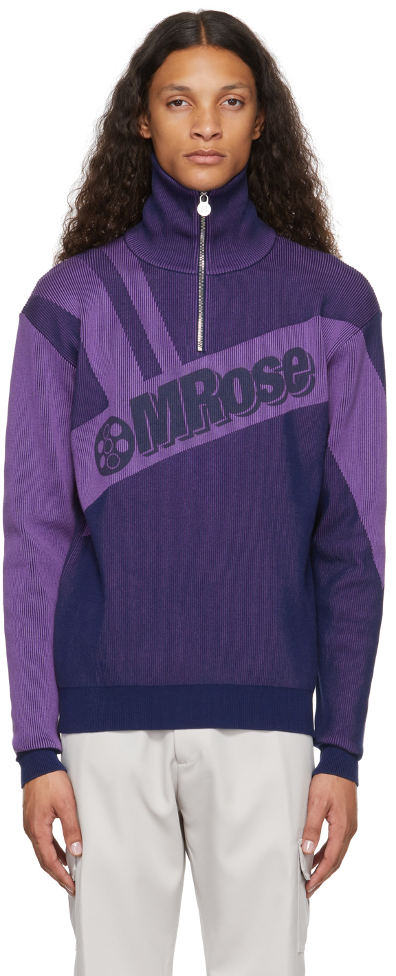 Martine Rose Navy & Purple Quarter-Zip Logo Knit Sweater