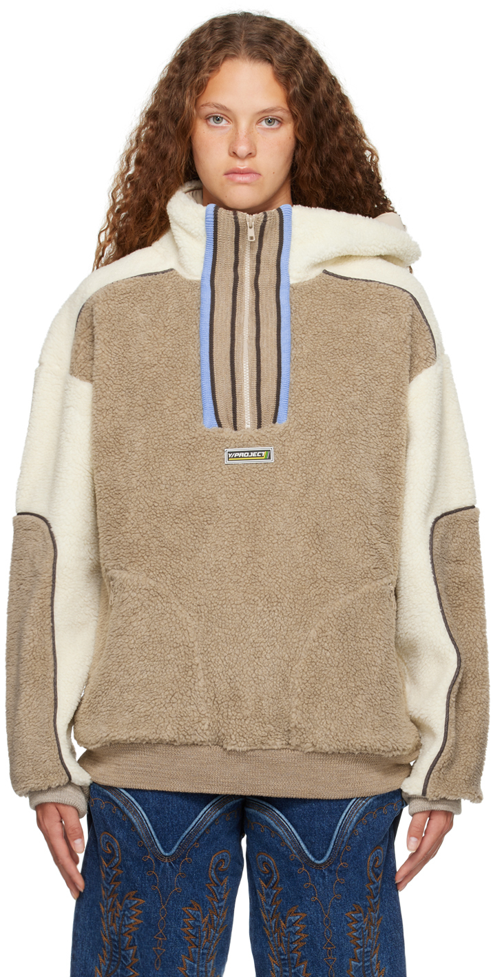 Beige & Off-White Fleece Clip Shoulder Sweater