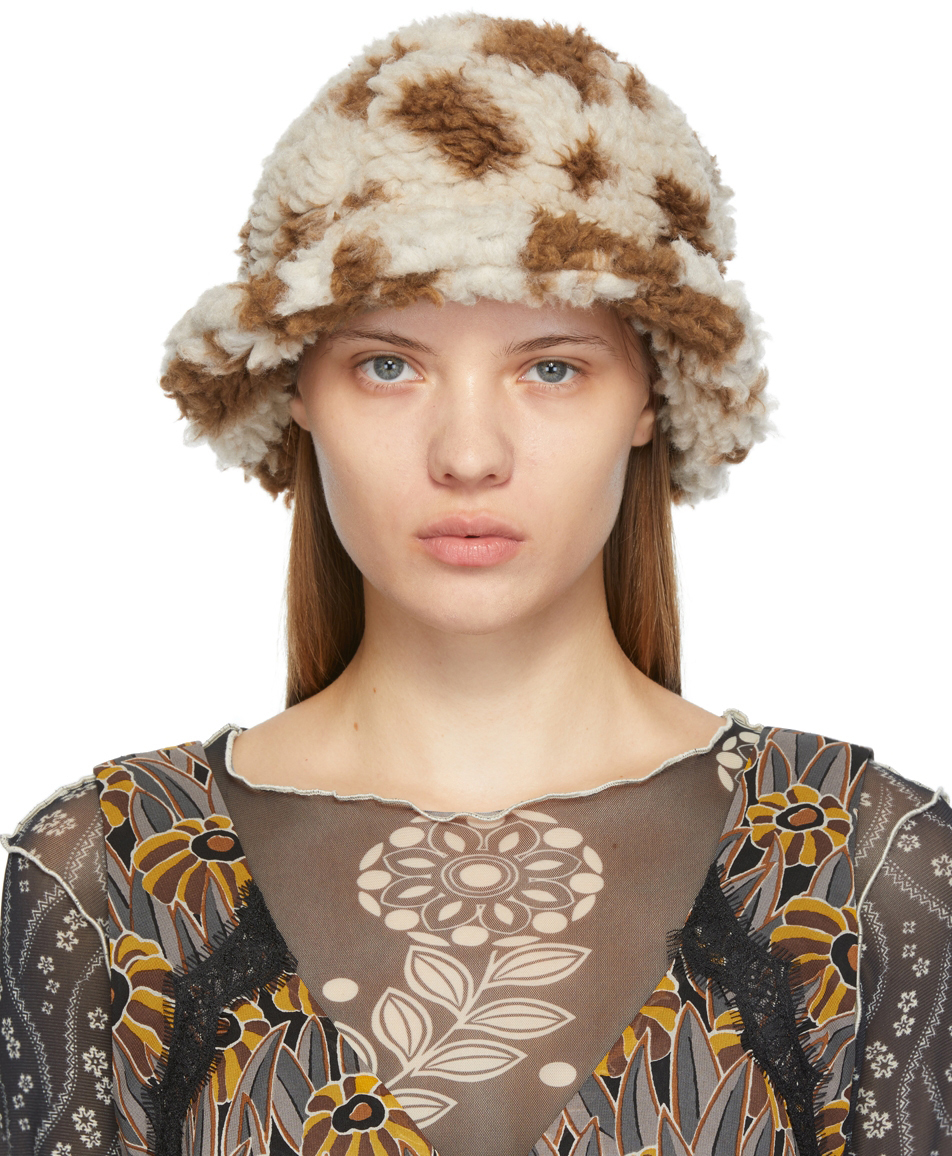 White Faux-Shearling Bucket Hat 