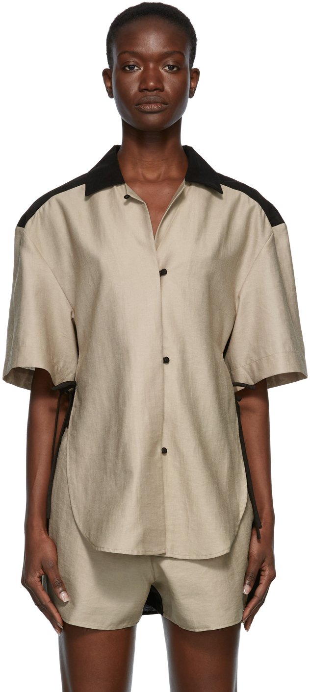 Beige \u0026 Black Linen Hawaiian Shirt by 