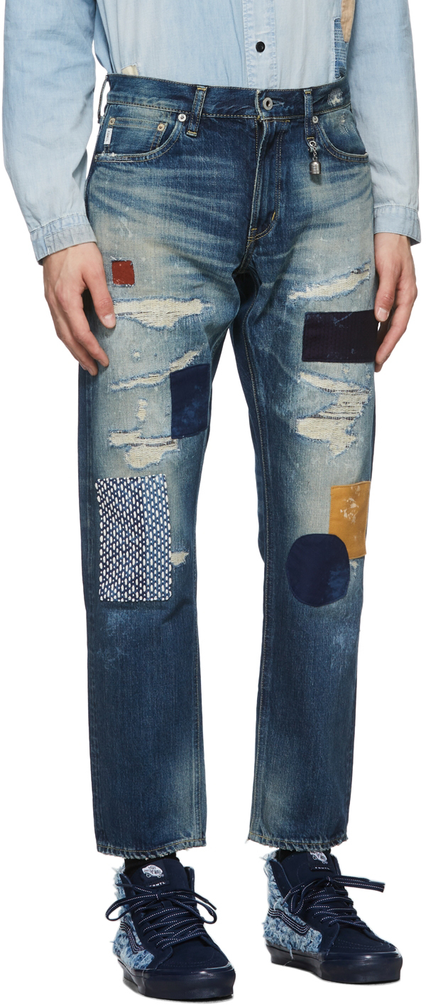 FDMTL, Raw Edge Striped Patchwork Straight Leg Jeans, Men