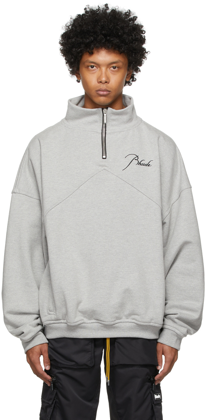 Rhude: Grey Embroidered Quarter-Zip Sweater | SSENSE