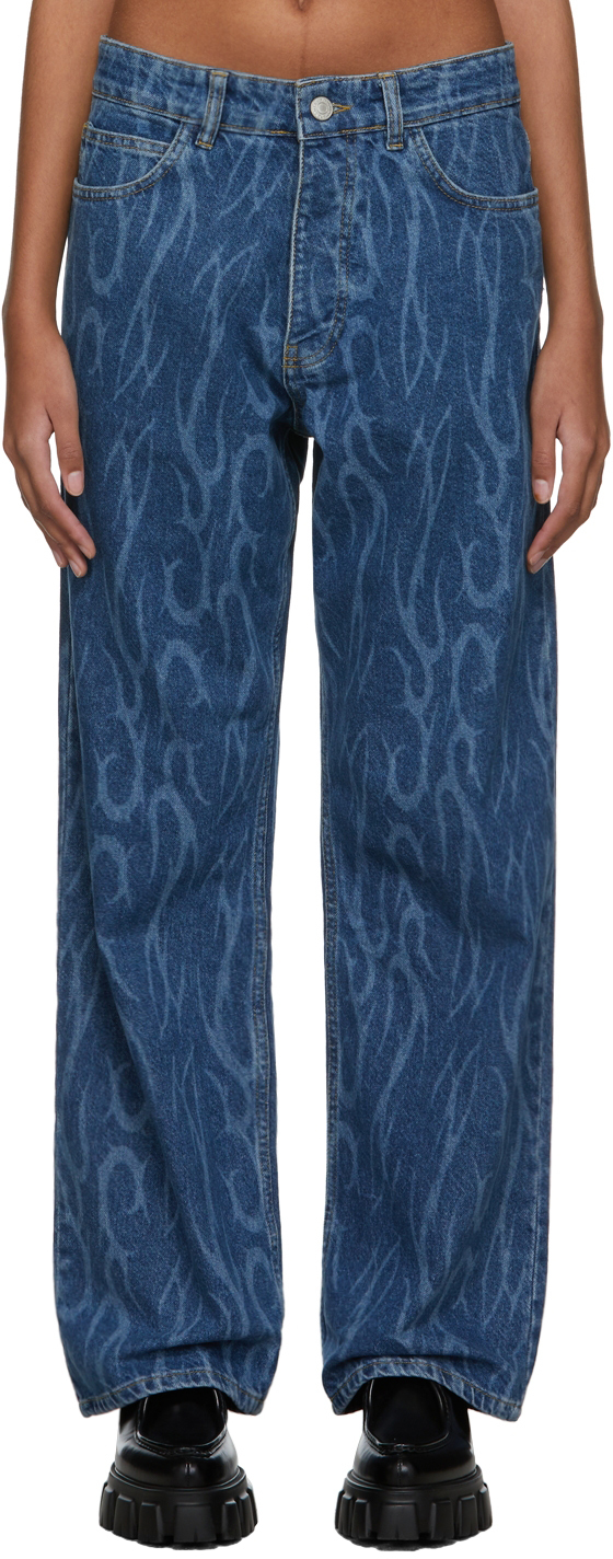 Blue Straight Leg Tattoo Jeans by Ashley Williams on Sale