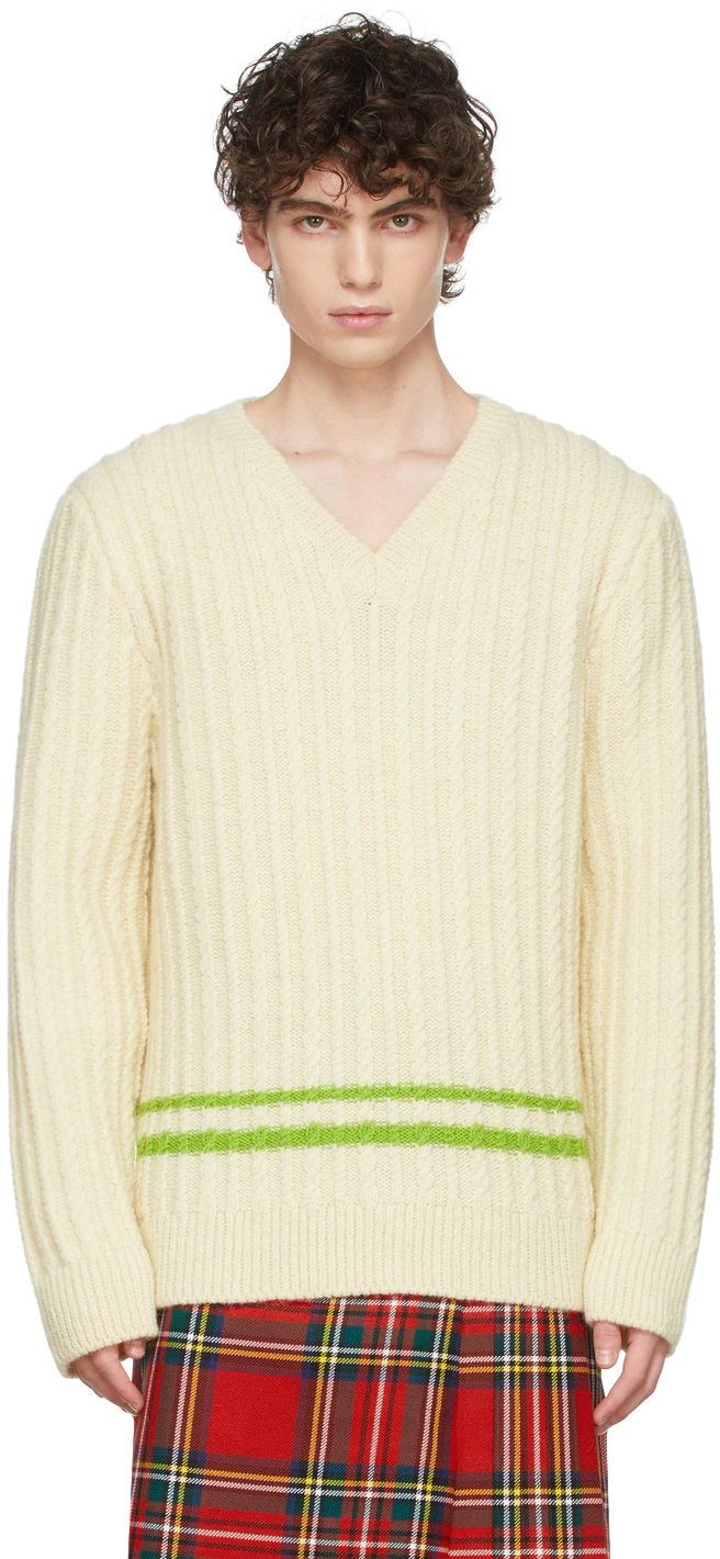 Click to view more detailed imagery on our partner's website Molly Goddard Off-white Aran Basil Jumper V-neck Sweater In Cream_green