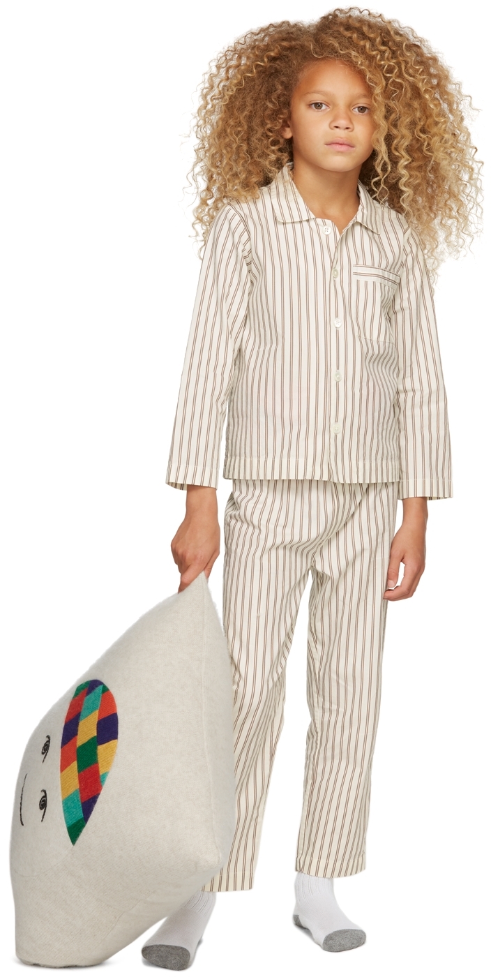 Tekla Kids SSENSE Exclusive Kids White & Brown Striped Sleepwear Set