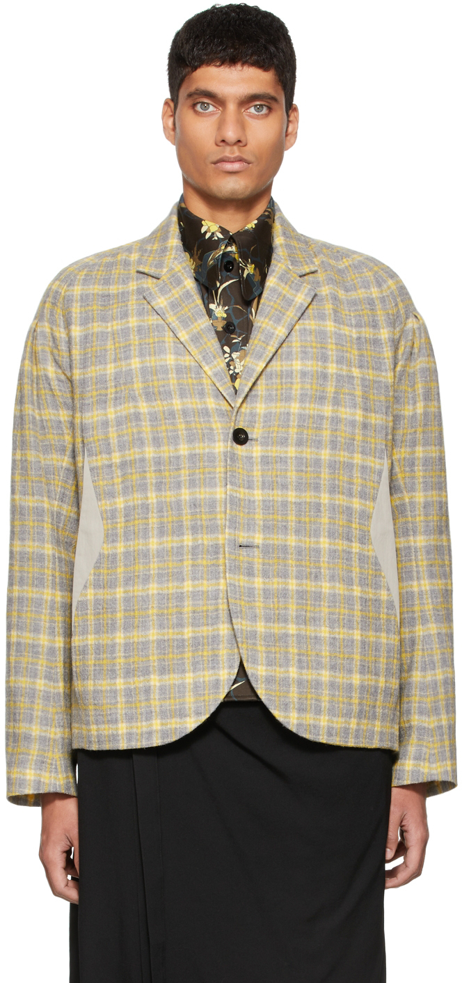 Kiko Kostadinov Yellow & Grey Check Harkman Darted Shoulder Blazer