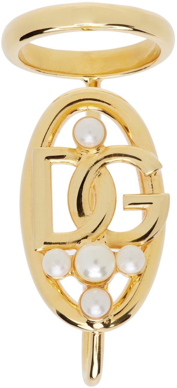 Dolce & Gabbana Gold Faux-Pearl 'DG' Crossed Logo Finger Ring
