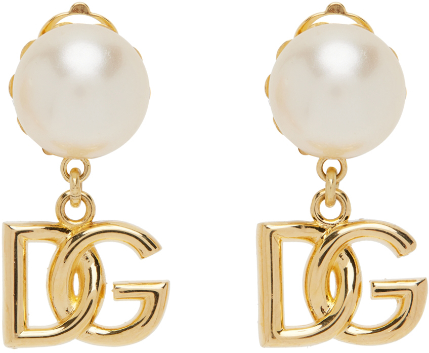Dolce & Gabbana Gold Pearl DG Clip-On Earrings
