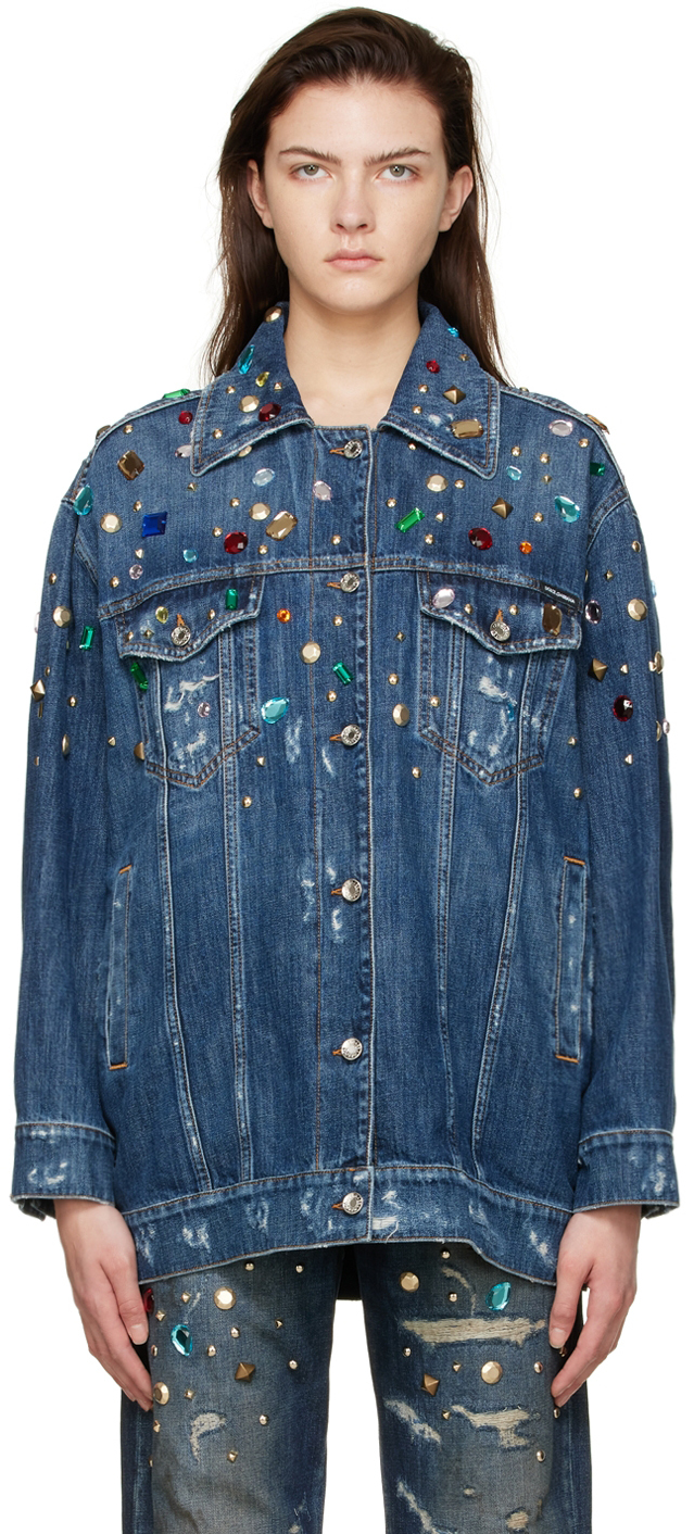 Blue Rhinestone Denim Jacket by Dolce & on Sale