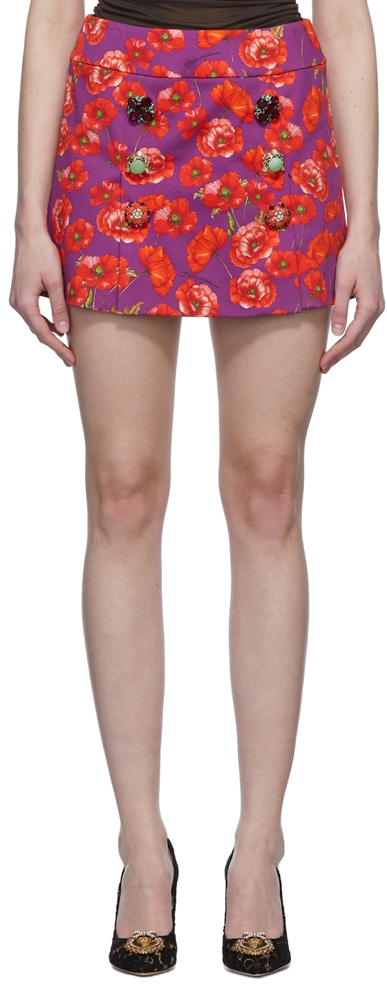 Purple Poppy Print Drill Miniskirt