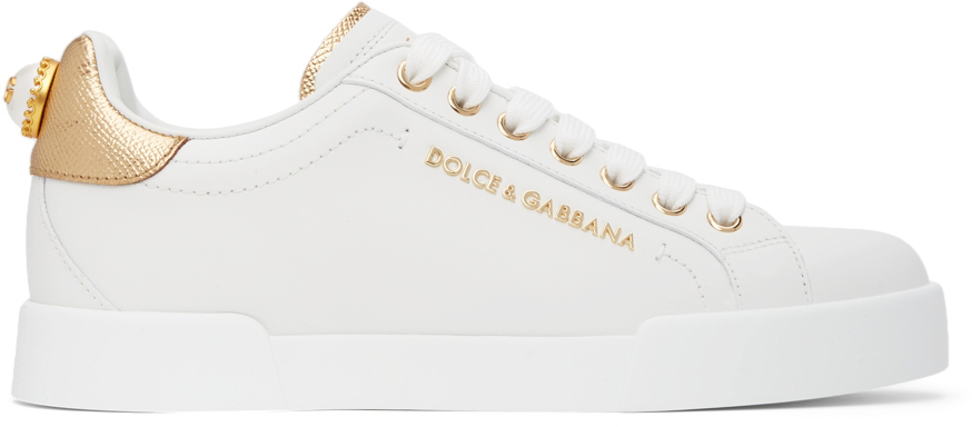 Dolce & Gabbana White & Gold Portofino Low Sneakers