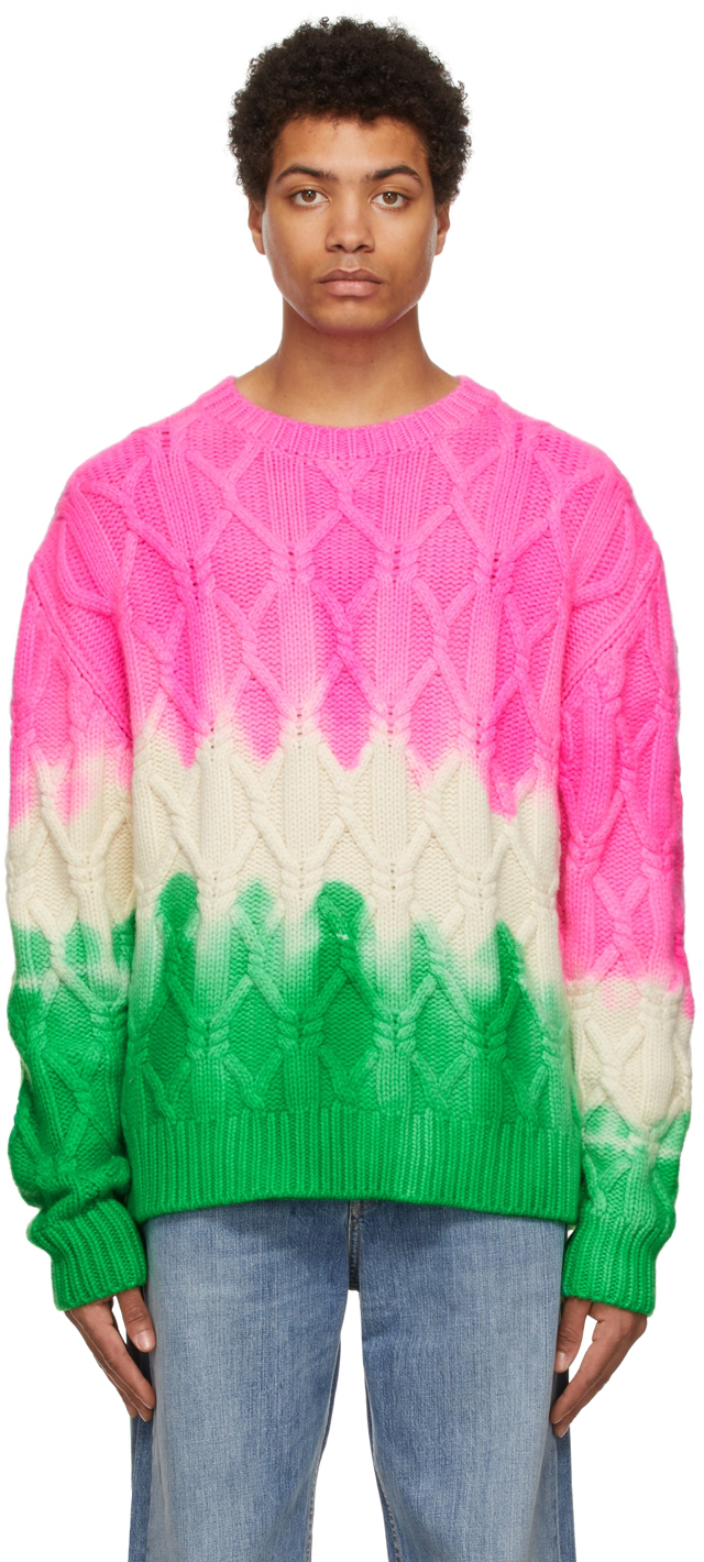 Pink & Green Dip Chunky Cable Sweater by The Elder Statesman on Sale