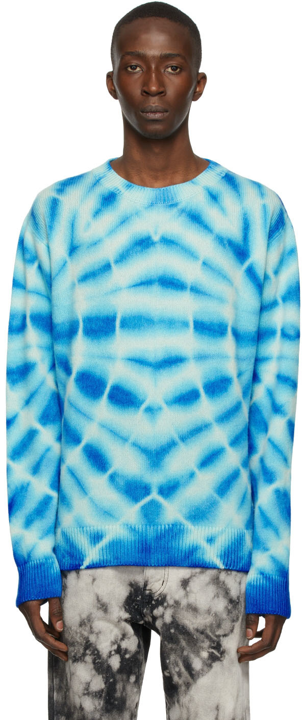 The Elder Statesman White & Blue Web Flare Simple Sweater
