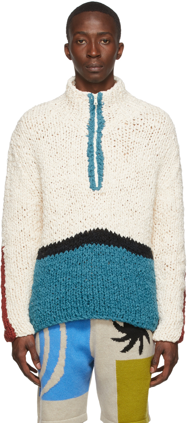 The Elder Statesman Off-White Organic Cotton Zip-Up Sweater