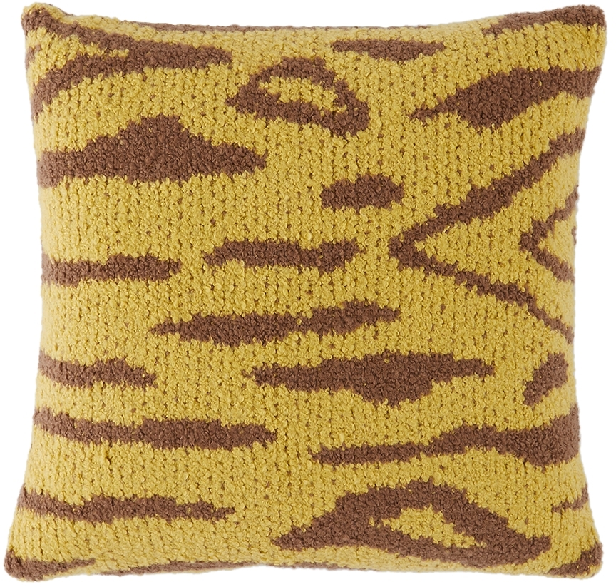 The Elder Statesman Yellow & Brown Tiger Block Square Pillow In Sunshine / Brown C19