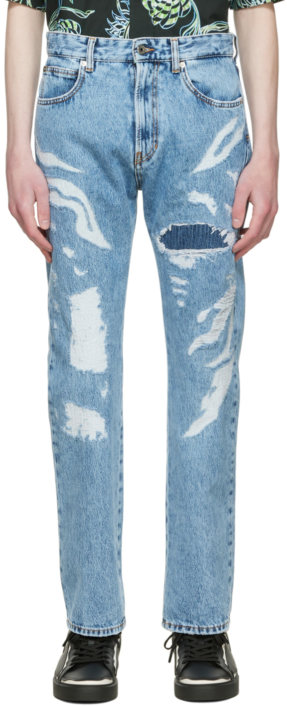 Identiteit Namaak Een deel Just Cavalli: Blue Distressed Denim Jeans | SSENSE