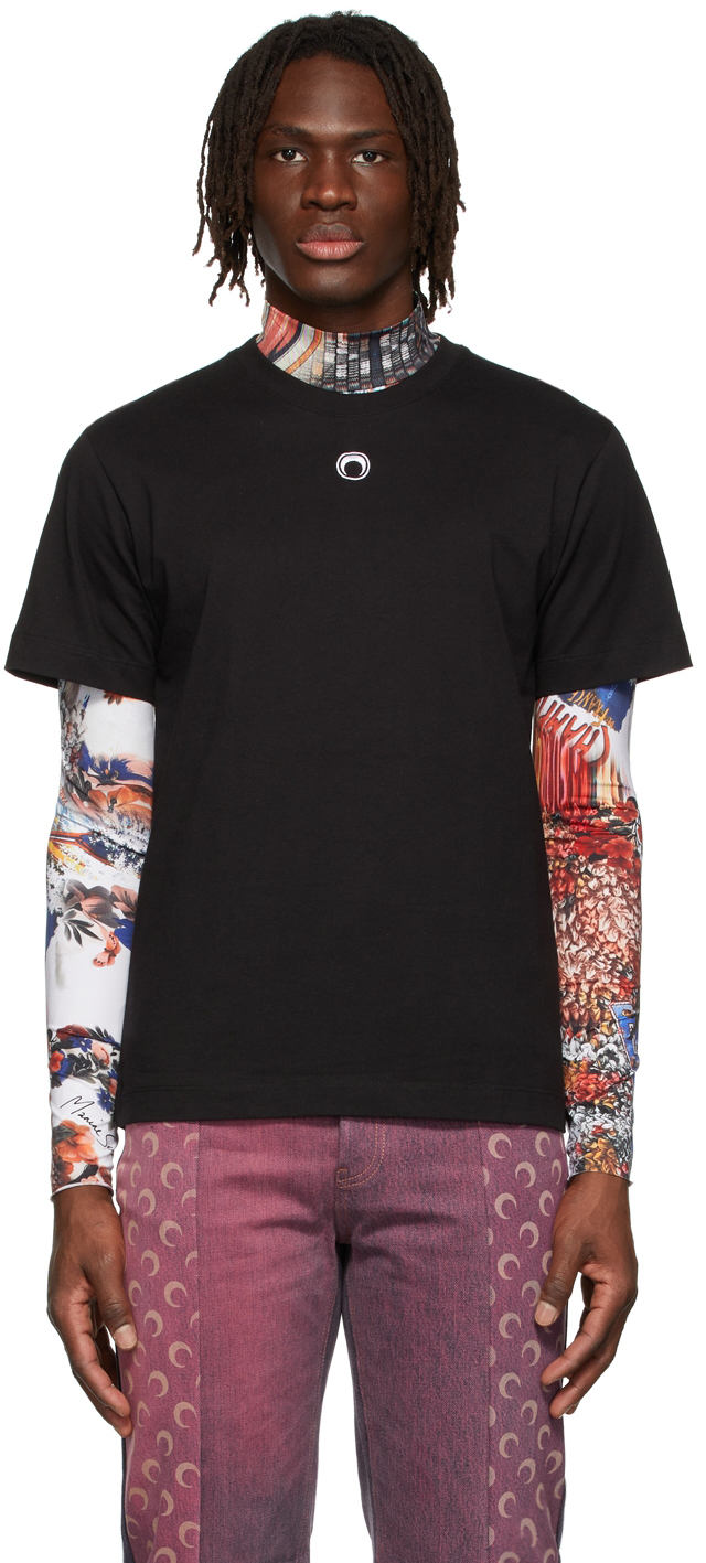 Marine Serre: Black Organic Cotton Logo T-Shirt | SSENSE