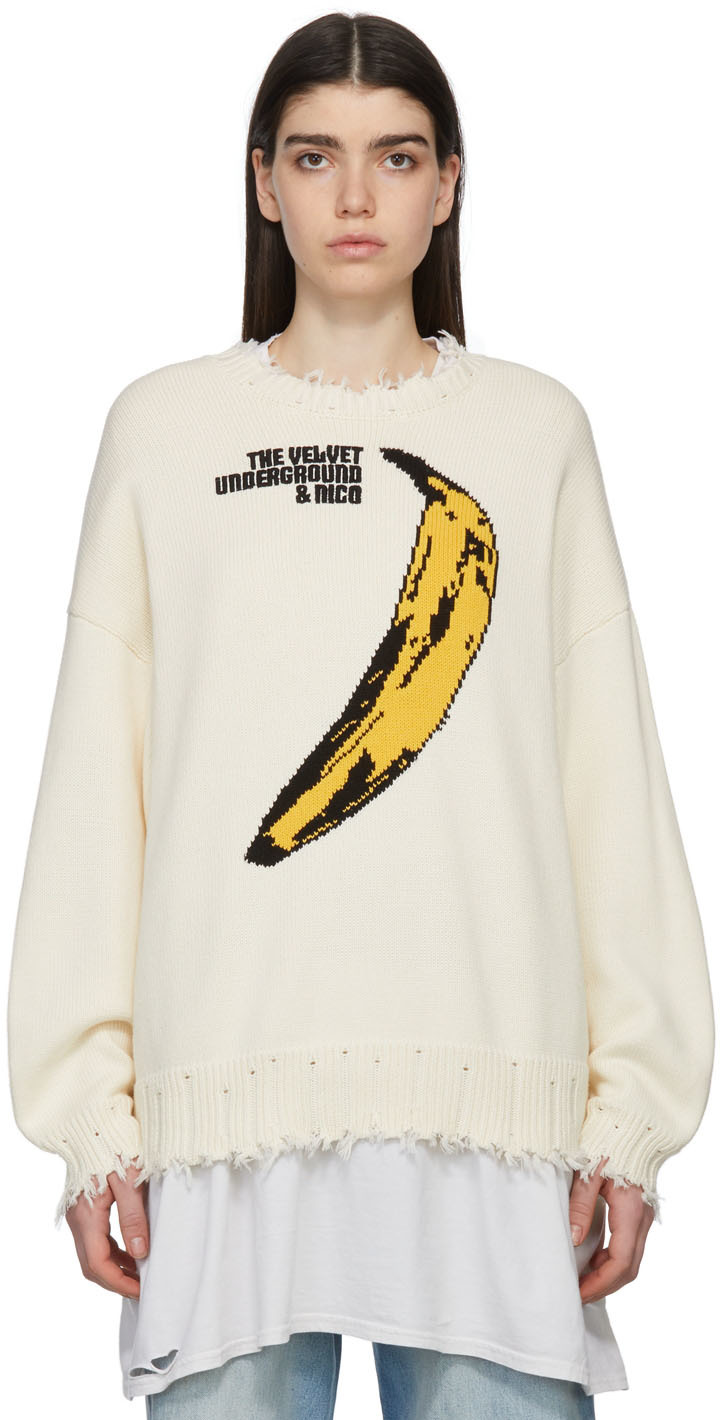 R13 White 'Velvet Underground' Oversized Sweater