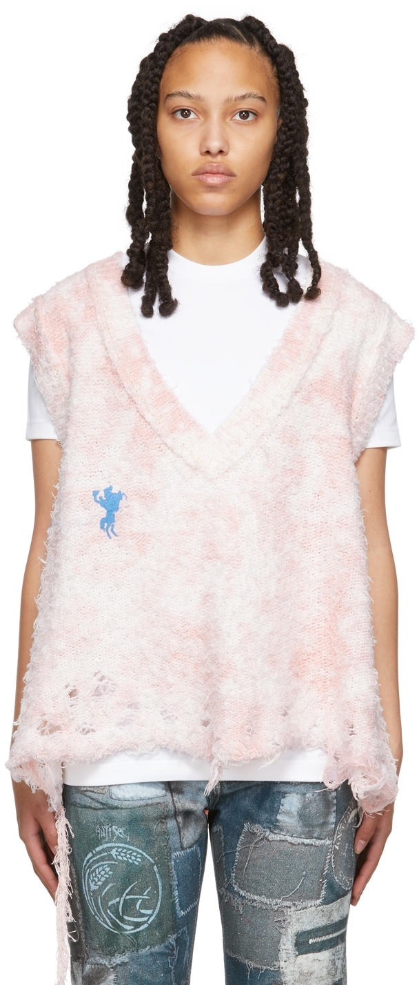 Pink & White Knit Bleached V-Neck Vest by Doublet on Sale