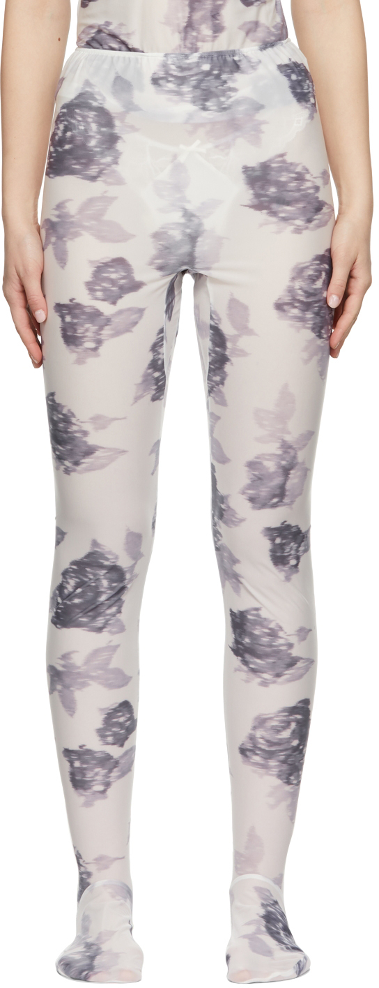 White & Purple Rose Print Leggings