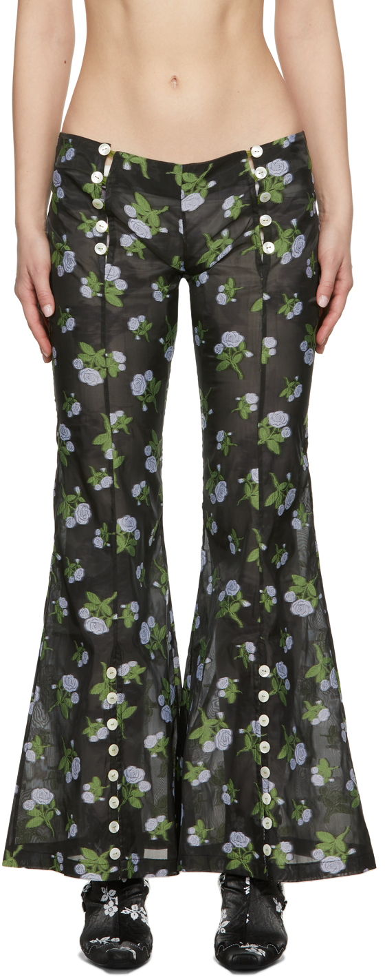 Black Jacquard Floral Trousers