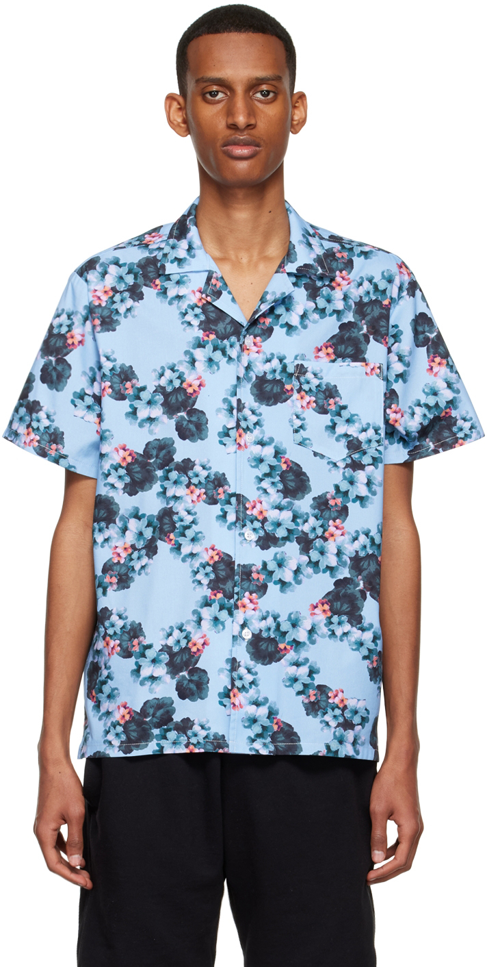 Bather Floral Lei Print Camp Collar Shirt In Blue Multi | ModeSens