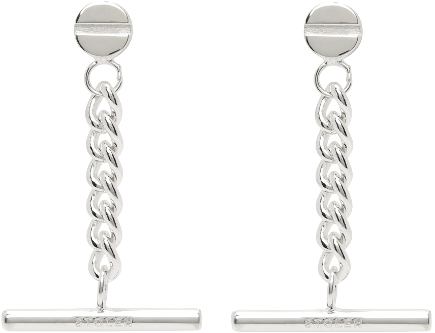 Stolen Girlfriends Club Silver Curb Hanging Bar Earrings In Sterling Silver