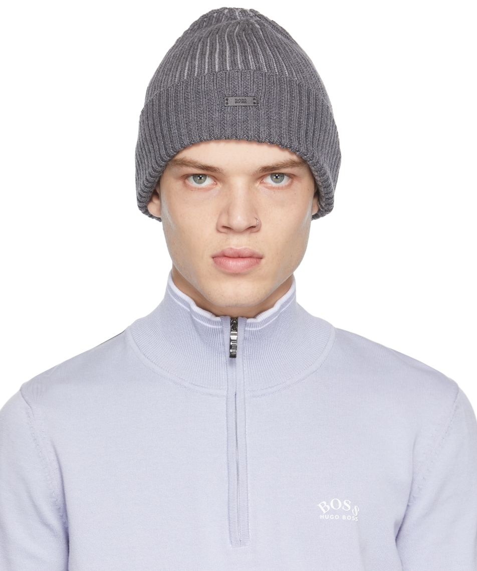 Hugo Boss Grey Wool Logo Beanie In 030 