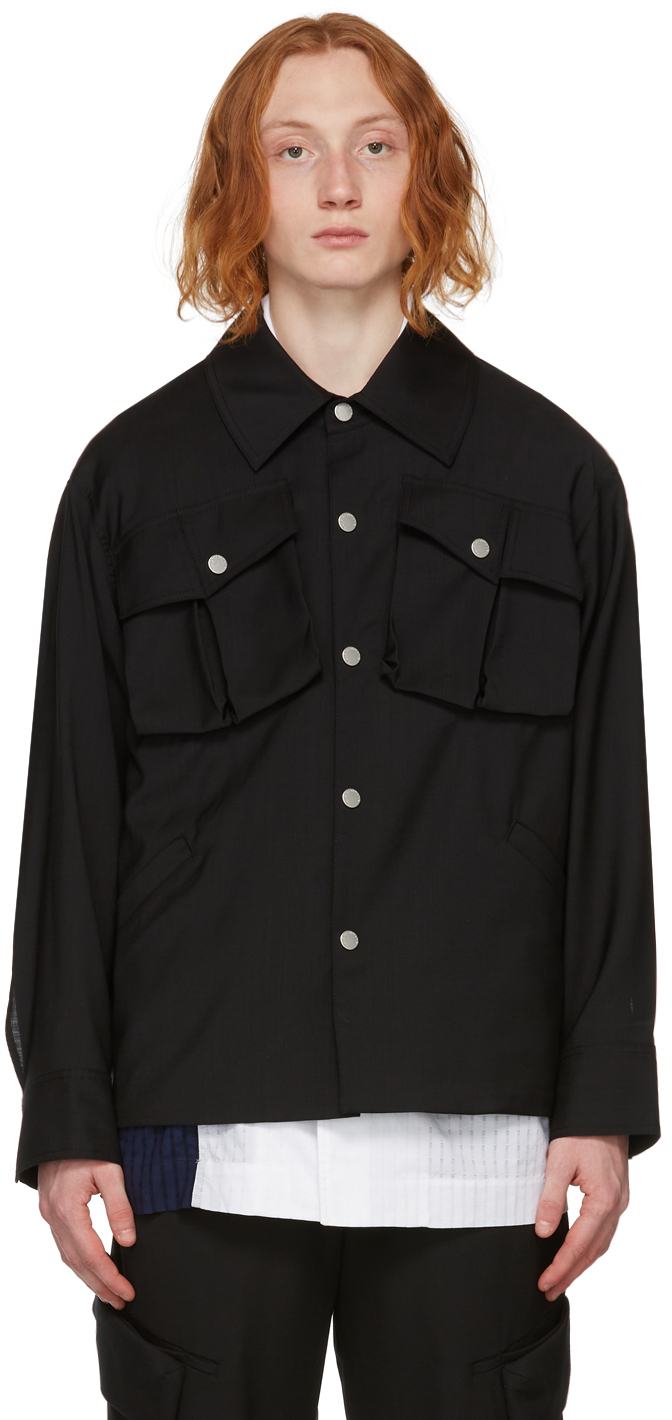 Black Semi-Sheer Shirt Jacket by Feng Chen Wang on Sale