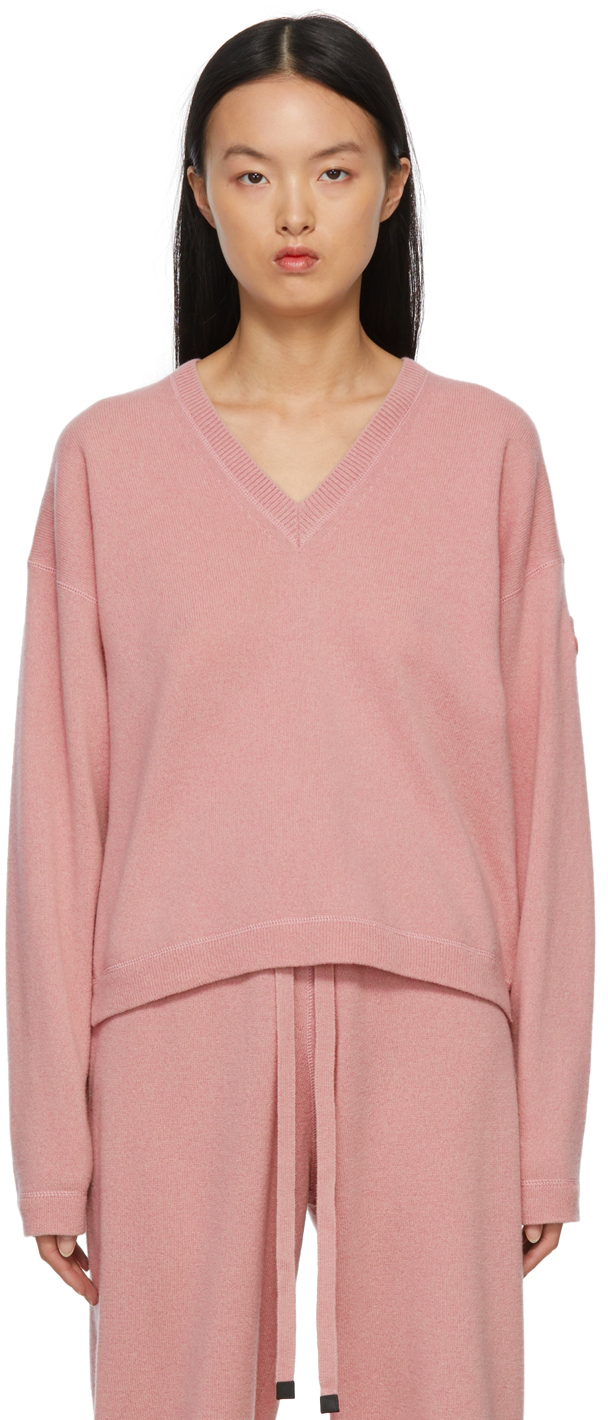 Moncler Pink Cropped V-Neck Sweater