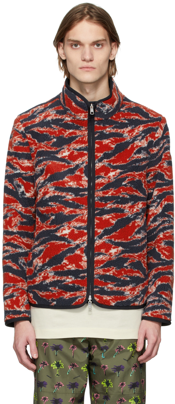 Moncler: Reversible Navy & Red Tiger Stripe Jacket | SSENSE