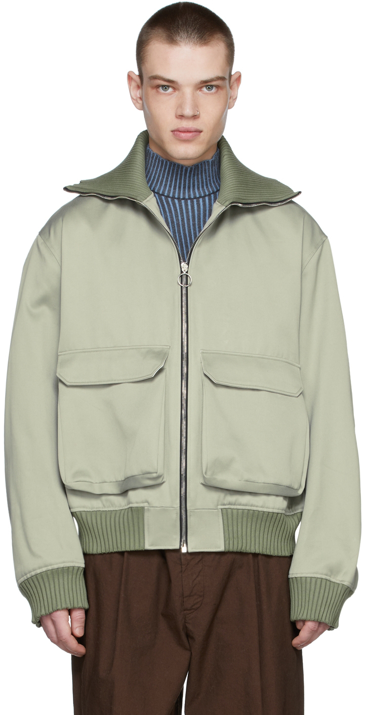 Green Cotton Bomber Jacket by UNIFORME on Sale