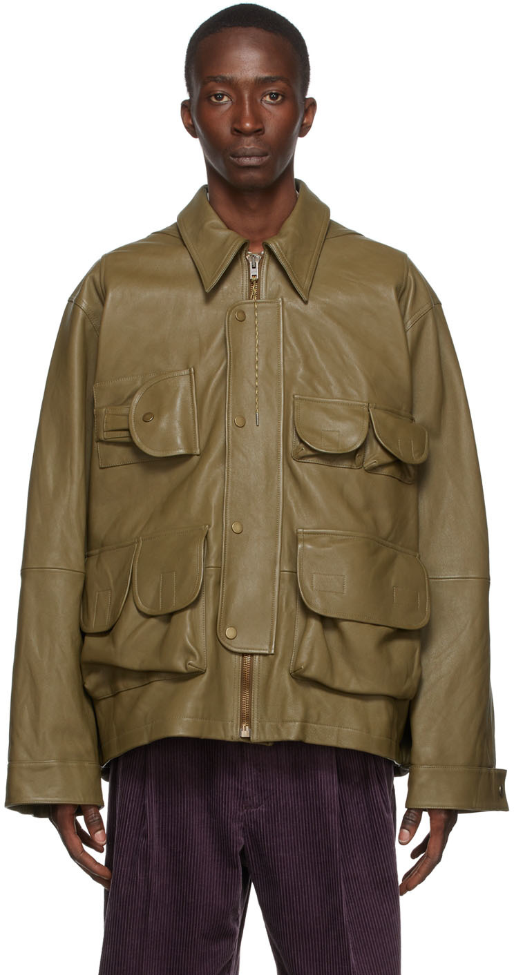 Acne Studios Khaki Grained Leather Jacket In Olive Green | ModeSens