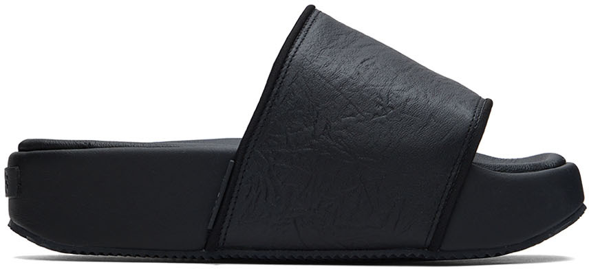 Y-3 Black Leather Slides In Black/corewhite