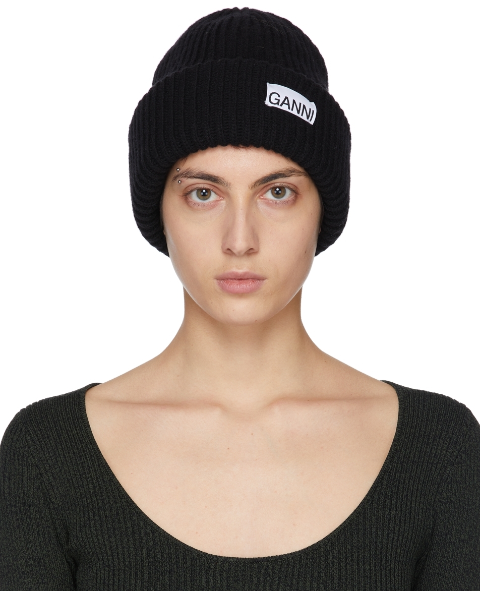 Black Recycled Rib Knit Beanie by GANNI 