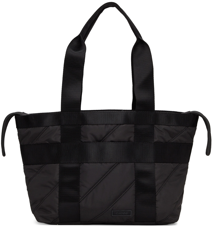 Ganni Black Quilted Recycled Tote In 099 Black