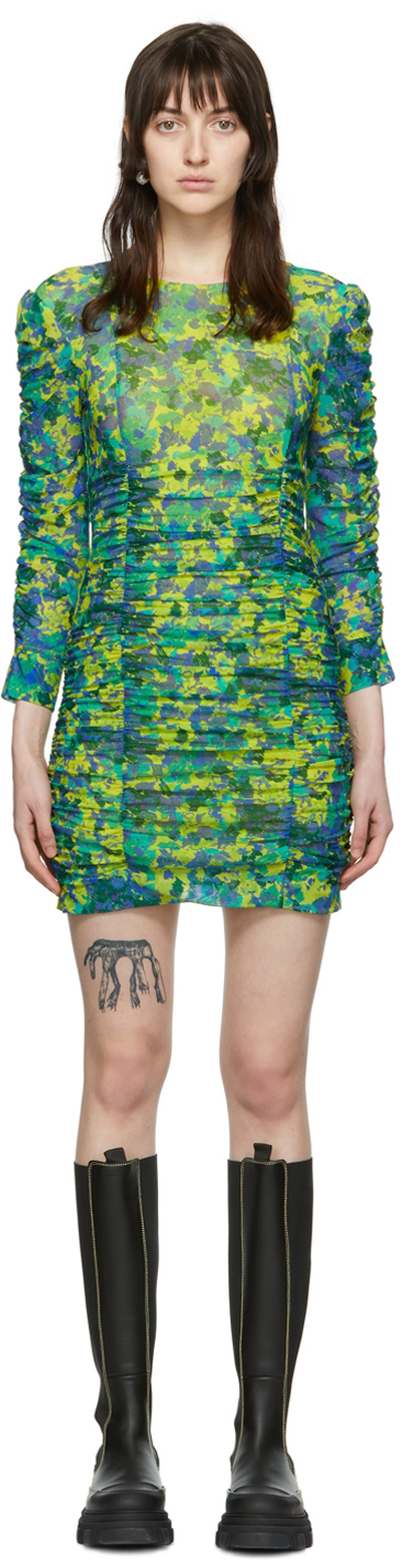 Ganni Multicolor Recycled Nylon Mini Dress In 794 Sulphur Spring