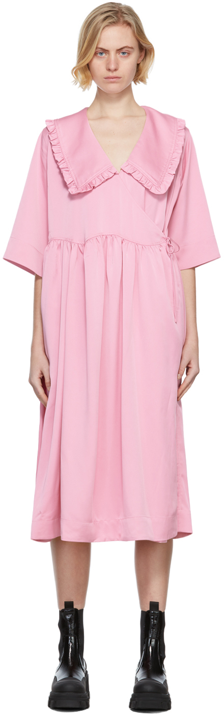 GANNI Pink Satin Oversized Wrap Midi Dress