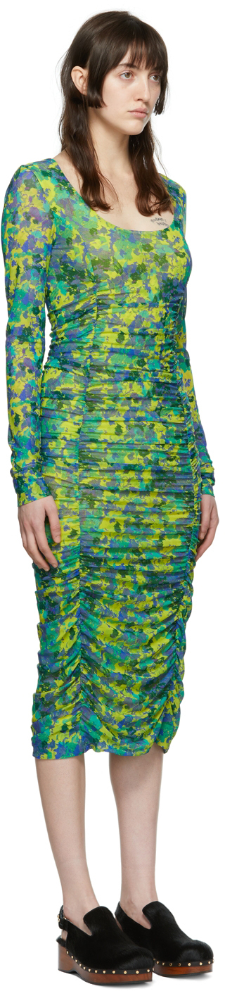 Ganni Ruched Printed Stretch-mesh Midi Dress In 794 Sulphur Spring