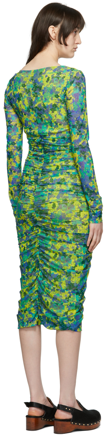 Ganni Ruched Printed Stretch-mesh Midi Dress In 794 Sulphur Spring