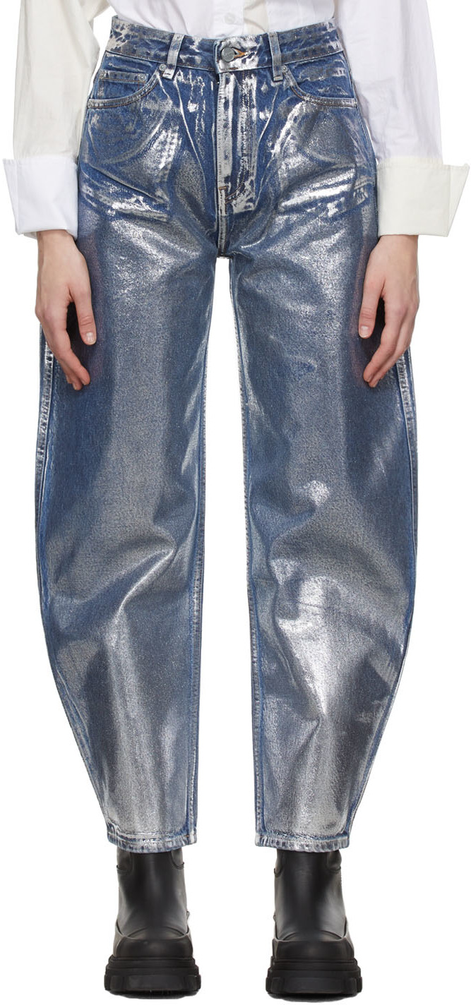 Ganni Denim Stary High-rise Metallic Tapered Jeans in Blue Womens Jeans Ganni Jeans 
