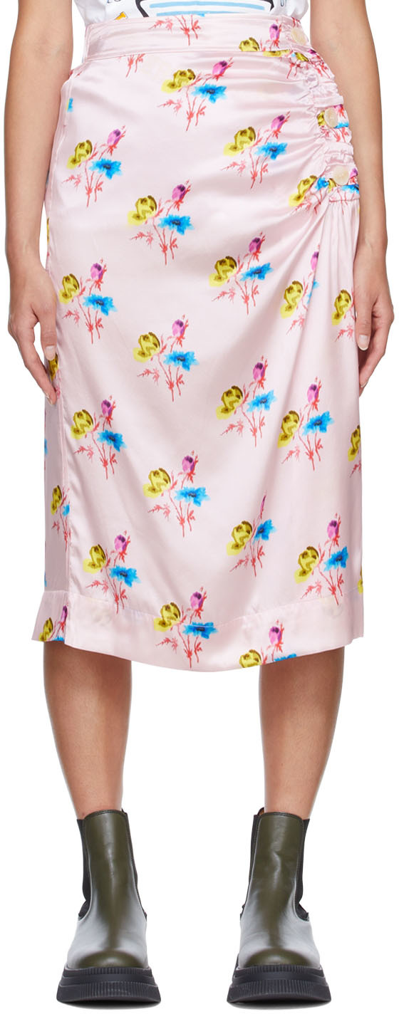 Shop Ganni Pink Silk Midi Skirt In 241 Floral Light Lil