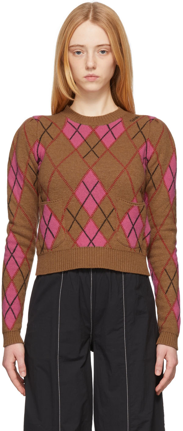 GANNI Brown & Pink Argyle Sweater