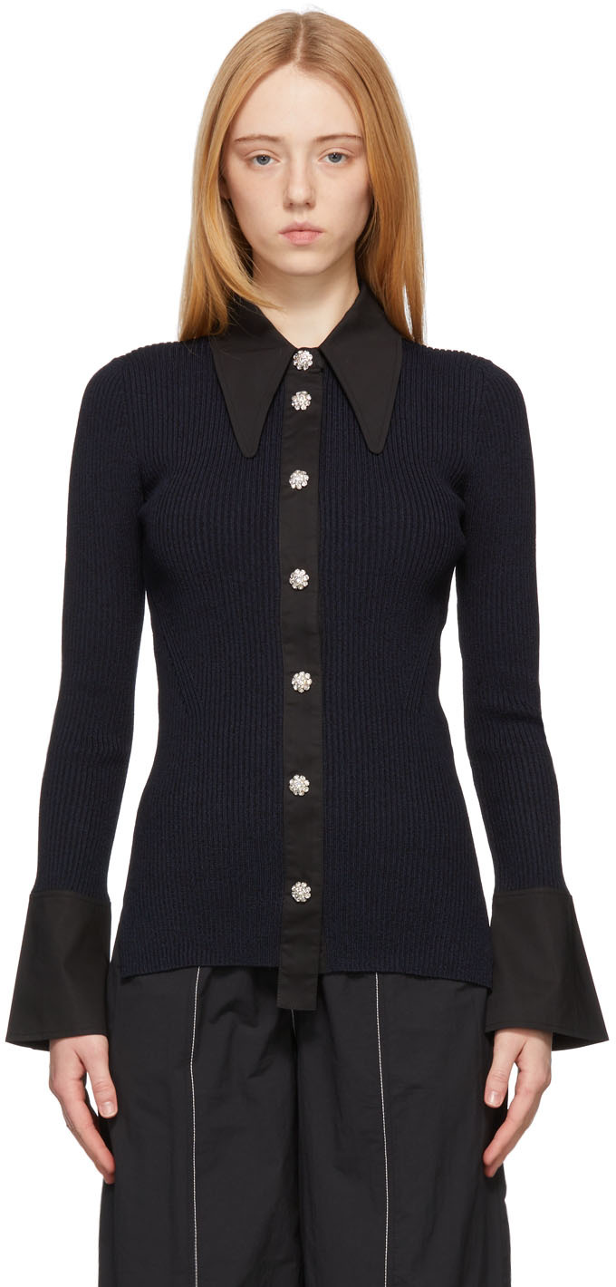 GANNI Navy Knit Melange Shirt | Smart Closet