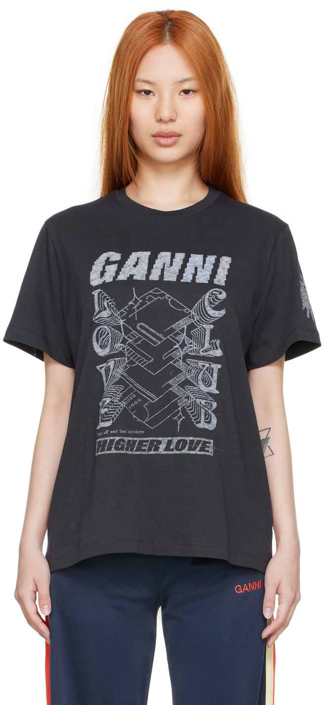 GANNI: ブラック オーガニックコットン Tシャツ | SSENSE 日本