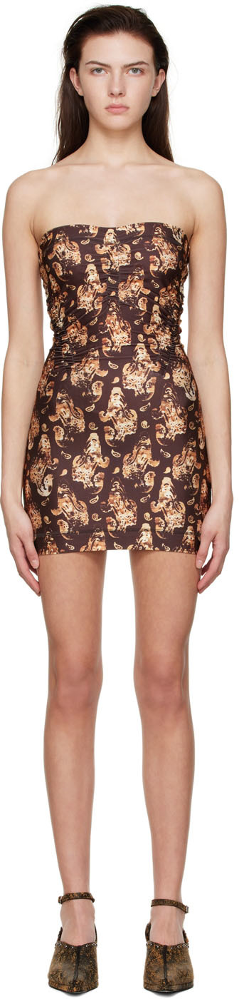 Brown Polyester Mini Dress