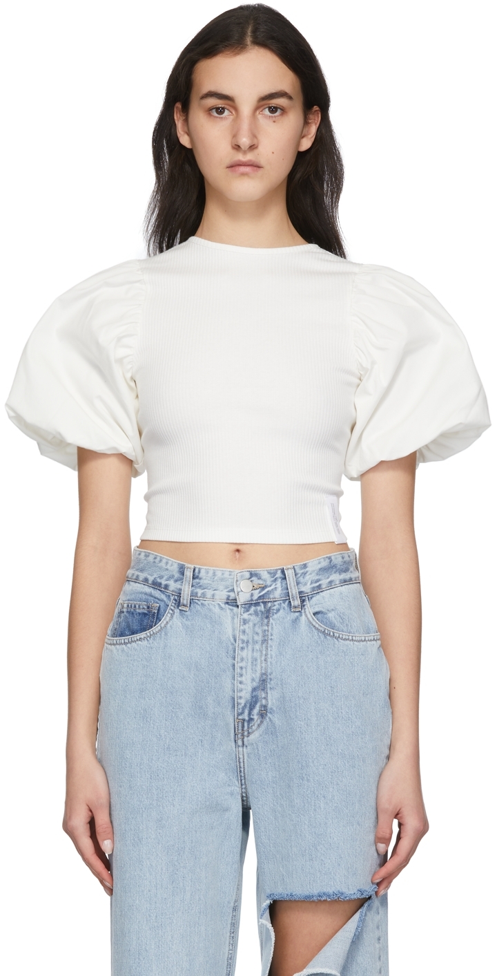 White Puff Sleeve T-Shirt by Rokh on Sale