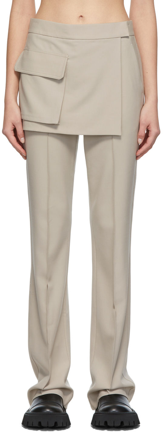 Beige Stretch Wool Wrap Suit Trousers