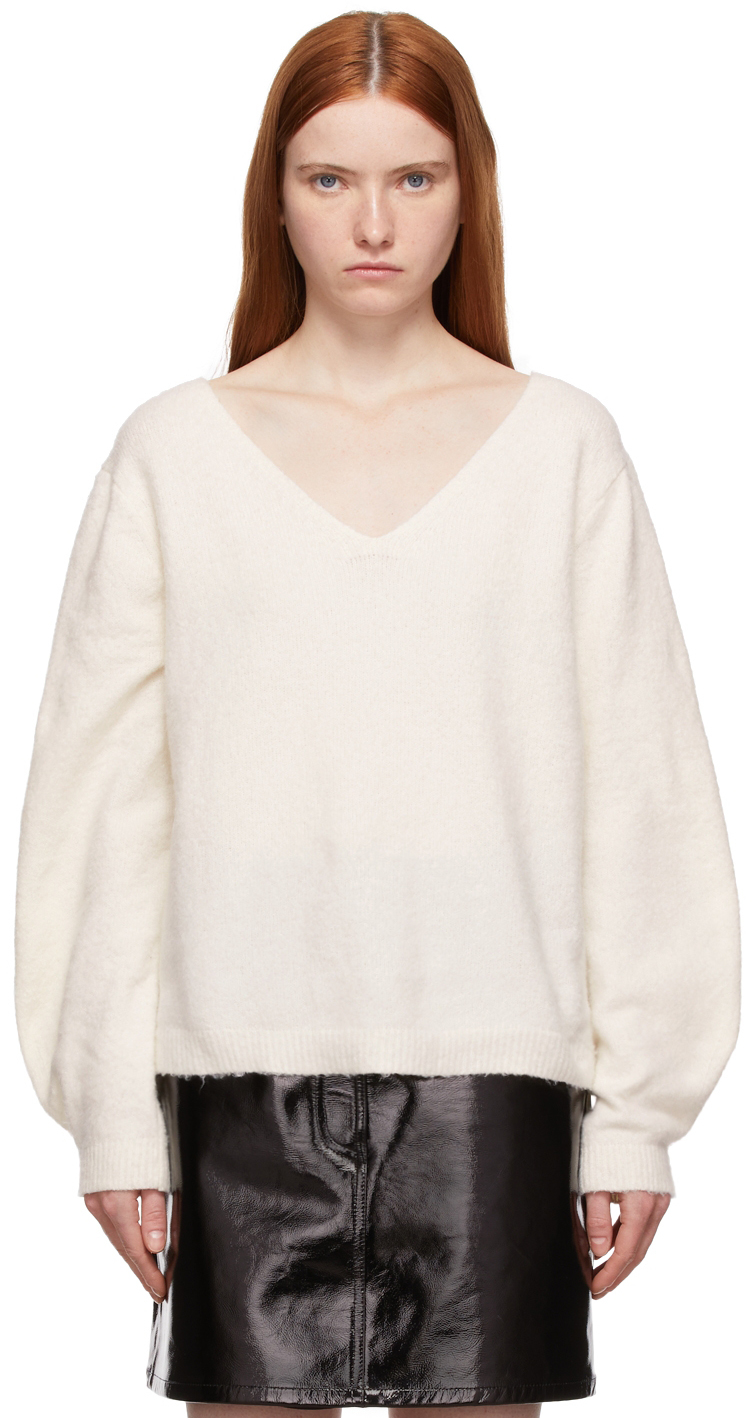 Helmut Lang: Off-White Brushed Double V-Neck Sweater | SSENSE